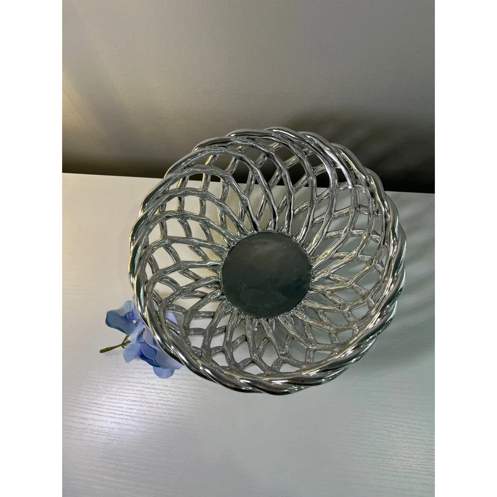 Silver tone Lattice Basket‎ Decorative Centerpiece Bowl 8.5 Inch Diameter